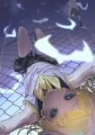  1girl bare_shoulders blonde_hair blue_eyes bow brother_and_sister chain-link_fence cloud cloudy_sky fence foreshortening grey_sky hair_bow hair_ornament hairclip hanging highres kagamine_len kagamine_rin leg_warmers looking_at_viewer midriff_peek mmon_115 number_tattoo pale_skin perspective pleated_shorts sailor_collar shirt shorts shoulder_tattoo siblings sky sleeveless sleeveless_shirt smile socks solo_focus swept_bangs tattoo twins upside-down vocaloid white_bow 