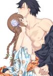  1boy 1girl black_hair blush braid brown_eyes brown_hair cum cum_on_body double-parted_bangs eiyuu_densetsu flower hair_between_eyes hair_flower hair_ornament hakuleg handjob highres hug japanese_clothes kimono licking licking_another&#039;s_neck licking_neck long_hair nipples rean_schwarzer scar scar_on_chest sen_no_kiseki simple_background sitting towa_herschel twin_braids twintails white_background 