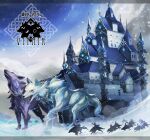  blue_cape building cape chain cloud day flag highres howling kihato mountainous_horizon open_mouth outdoors pixiv_fantasia pixiv_fantasia_last_saga polearm riding riding_animal snow spear tower weapon wolf 