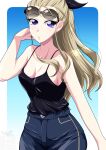  1girl artist_logo assam_(girls_und_panzer) black_camisole black_ribbon blonde_hair blue_background blue_eyes blue_pants breasts camisole casual cleavage commentary cowboy_shot denim eyewear_on_head girls_und_panzer hair_pulled_back hair_ribbon hand_in_own_hair highres ichijou_takakiyo jeans long_hair looking_at_viewer medium_breasts pants parted_lips ribbon rounded_corners solo standing sunglasses 