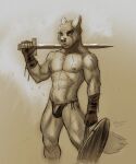  abs anthro armor athletic athletic_anthro biceps bottomwear bulge canid canine canis clothed clothing dirty gauntlets gladiator gloves handwear hi_res leather loincloth looking_at_viewer male male/male mammal marsonaut mature_male melee_weapon muscular muscular_male muscular_thighs nipples pecs scar shield skimpy solo straps sword thong underwear warrior weapon wolf 