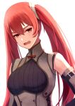  1girl breasts brown_eyes detached_sleeves fire_emblem fire_emblem_awakening hair_between_eyes highres labebebe_lee long_hair looking_at_viewer medium_breasts open_mouth red_hair red_ribbon ribbon severa_(fire_emblem) simple_background solo twintails underbust upper_body very_long_hair wavy_mouth white_background 