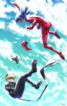  1boy 1girl animal_ears aonik black_bodysuit black_mask blonde_hair blue_eyes blue_hair blue_sky bodysuit cat_ears catsuit chat_noir cloud cloudy_sky colored_sclera domino_mask green_eyes highres ladybug_(character) looking_at_another mask medium_hair miraculous_ladybug open_mouth outdoors paw_print_soles plagg_(miraculous_ladybug) polka_dot red_bodysuit red_mask short_hair skin_tight sky tikki_(miraculous_ladybug) 