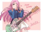  1girl bang_dream! bang_dream!_it&#039;s_mygo!!!!! blue_eyes chihaya_anon guitar happy_birthday highres instrument long_hair long_sleeves looking_at_viewer one_eye_closed pink_hair skirt smile solo white_skirt yazawa_happyaro 