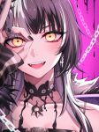  1girl absurdres black_choker black_hair black_nails blunt_bangs chain chain_earrings choker cropped_arms cropped_torso earrings fangs glowing glowing_eyes highres hololive hololive_english jewelry long_hair looking_at_viewer multicolored_hair nurufufufu ok_sign open_mouth pink_background ring shiori_novella shirt sidelocks striped striped_shirt two-tone_hair white_hair yellow_eyes 