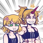  +++ 2girls :t abs alternate_costume anger_vein black_sports_bra blonde_hair blush breast_envy breasts closed_eyes closed_mouth d_vaaaah emphasis_lines green_eyes grin high_ponytail highres horns hoshiguma_yuugi looking_down medium_bangs medium_breasts medium_support_(meme) meme mizuhashi_parsee multiple_girls muscular muscular_female nose_blush pointy_ears pout red_horns short_hair single_horn smile sports_bra star_(symbol) tearing_up touhou v-shaped_eyebrows white_background 