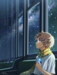  1boy blue_eyes brown_hair closed_mouth dated fate/requiem fate_(series) from_side hand_up kuzumochi_(kuzumochiya) male_focus night night_sky scarf shirt short_sleeves signature sitting sky solo star_(sky) starry_sky voyager_(fate) white_shirt yellow_scarf 