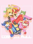  1girl blonde_hair boots cosplay full_body gloves green_eyes hair_ribbon mega_man_(classic) mega_man_(series) nakayama_tooru no_headwear pink_background ribbon roll.exe_(mega_man) roll.exe_(mega_man)_(cosplay) roll_(mega_man) rush_(mega_man) sidelocks smile solo 