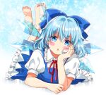  1girl barefoot blue_bow blue_dress blue_eyes blue_hair blush_stickers bow cirno cirno_day collared_shirt dress fairy fingernails frilled_dress frilled_shirt_collar frills hair_between_eyes hair_bow ice ice_wings okawa_friend open_mouth pinafore_dress puffy_short_sleeves puffy_sleeves shirt short_hair short_sleeves sleeveless sleeveless_dress solo touhou white_shirt wings 