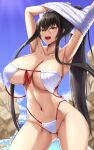  1girl :d akitsuki_karasu armpits arms_up bare_shoulders bikini black_hair blue_sky blush breasts cleavage collarbone cowboy_shot front-tie_bikini_top front-tie_top highres kurochijo large_breasts long_hair looking_at_viewer navel open_mouth original outdoors ponytail red_eyes shirt sidelocks sky smile solo stomach swimsuit thighs water white_bikini white_shirt 