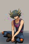  1boy absurdres bare_shoulders belt black_hair black_tank_top blue_eyes blue_pants boots brown_footwear collarbone crossed_legs fudou_yuusei grey_background hands_on_lap highres knee_pads leaning leaning_forward leather_belt looking_to_the_side male_focus multicolored_hair own_hands_together pants short_hair simple_background sitting smile solo spiked_hair streaked_hair tank_top youko-shima yu-gi-oh! yu-gi-oh!_5d&#039;s 