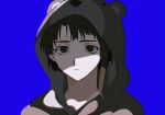  0niku_niku 1girl animal_costume asymmetrical_bangs asymmetrical_hair bear_costume brown_eyes brown_hair hair_ornament hairclip hood hood_up iwakura_lain looking_at_viewer portrait serial_experiments_lain shadow short_hair single_sidelock solo x_hair_ornament 