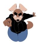  anthro big_breasts bottomwear breasts canid canine canis clothing denim denim_clothing domestic_dog female gesture huge_breasts jeans kom_(komdog) komdog looking_at_viewer mammal pants pointing pointing_at_viewer solo sweater topwear 