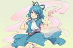  1girl :d blue_dress blue_eyes blue_hair chisel commentary dress drill_hair drill_sidelocks flower hair_ornament hair_rings hair_stick highres kaku_seiga kuritsuki looking_at_viewer one-hour_drawing_challenge pink_flower shawl short_sleeves sidelocks simple_background smile solo thigh_strap touhou vest white_vest 
