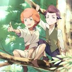  2boys afro aged_down black_hair dark-skinned_male dark_skin dasshu_(dashi_now) favaro_leone green_eyes highres kaisar_lidfald multiple_boys pompadour red_hair shingeki_no_bahamut shingeki_no_bahamut:_genesis shorts smile tree vest 