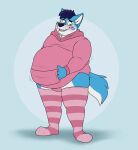  anthro blue_hair blush canid canine canis cheek_markings clothing domestic_dog facial_markings girly green_eyes hair head_markings hi_res hoodie husky hybrid legwear male mammal markings nordic_sled_dog overweight overweight_anthro overweight_male pink_stockings shikakaka solo spitz stockings topwear underwear wintie wolf 