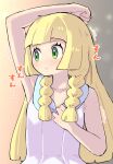  1girl arm_up bare_arms blonde_hair blunt_bangs blush braid closed_mouth collared_dress commentary_request dress eyelashes green_eyes highres kutabireta_neko lillie_(pokemon) long_hair looking_to_the_side pokemon pokemon_(game) pokemon_sm sleeveless sleeveless_dress solo twin_braids upper_body white_dress 