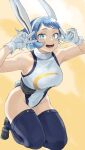  1girl animal_ears armpits bare_shoulders blue_eyes blue_hair blush boku_no_hero_academia boots breasts collarbone cosplay double_v fengling_(furin-jp) gloves groin hadou_nejire highres jumping large_breasts looking_at_viewer mirko mirko_(cosplay) navel rabbit rabbit_ears rabbit_tail short_hair sky smile solo tail thighhighs v white_gloves yellow_background yellow_sky 