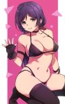  1girl bikini black_bikini black_choker black_gloves black_thighhighs breasts choker closed_mouth duke_(inu_daimyou) fingerless_gloves gloves green_eyes large_breasts long_hair looking_at_viewer love_live! love_live!_school_idol_project navel pink_bikini purple_hair smile solo swimsuit thighhighs toujou_nozomi two-tone_background white_background 