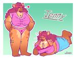  anthro big_breasts bodily_fluids breasts cleavage clothed clothing ear_piercing ear_ring fan_character female hair hi_res huge_breasts hyena jenny long_ears long_hair mammal mature_female partially_clothed piercing ring_piercing solo sweat sweaty_breasts underwear zixzs-redlight 