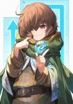  1other aged_down ambiguous_gender belt belt_buckle brown_belt brown_eyes brown_hair buckle cloak closed_mouth commentary_request fire_emblem fire_emblem:_the_blazing_blade fire_emblem_heroes green_cloak highres hood hood_down hooded_cloak index_finger_raised looking_at_viewer magic mark_(fire_emblem:_the_blazing_blade) nakabayashi_zun short_hair smile solo 