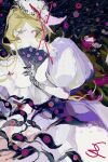  abstract_background black_gloves blonde_hair blush_stickers bow commentary dress eyes_in_shadow fan_to_mouth fluffy_fan folding_fan gap_(touhou) gloves hand_fan hat hat_ribbon highres holding holding_fan long_hair mob_cap oil_painting_(medium) painting_(medium) puffy_short_sleeves puffy_sleeves purple_bow purple_dress purple_eyes red_ribbon ribbon short_sleeves sidelocks signature surreal syzpupu touhou traditional_media very_long_hair white_dress white_headwear yakumo_yukari 