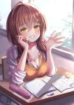 1girl ahoge blush book breast_rest breasts breasts_on_table brown_hair classroom cleavage collarbone commentary_request dappled_sunlight eraser grin hair_between_eyes highres holding holding_pen huge_ahoge indoors long_hair looking_at_viewer medium_breasts open_book open_collar original pen pencil_case short_twintails sitting smile solo sunlight takenaka_takeshi teeth twintails upper_body waving window yellow_eyes 