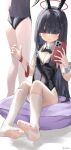  2girls absurdres animal_ears black_hair black_leotard blue_archive blush breasts cellphone closed_mouth detached_collar fake_animal_ears feet hair_over_eyes highres holding holding_phone justice_task_force_member_(blue_archive) kenma_pro leotard long_hair medium_breasts multiple_girls phone rabbit_ears red_eyes smartphone socks strapless strapless_leotard white_socks wrist_cuffs 