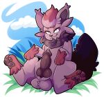  balls bodily_fluids feral fur generation_5_pokemon genital_fluids genitals knot male nintendo pawmotplus paws pokemon pokemon_(species) precum presenting solo zorua 