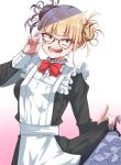  1girl adjusting_eyewear alternate_costume apron bespectacled black_dress blunt_bangs boku_no_hero_academia bow bowtie bright_pupils buttons clothes_lift collared_dress commentary cowboy_shot double_bun dress enmaided fangs fingernails frilled_apron frilled_dress frills glasses gradient_background hair_bun hand_up highres lifted_by_self long_sleeves looking_to_the_side maid maid_apron messy_hair open_mouth petticoat pink_background red-framed_eyewear red_bow red_bowtie sharp_fingernails shinonome_mozuku skirt skirt_lift sleeve_cuffs solo teeth toga_himiko two-tone_dress upper_body white_apron white_background white_dress yellow_eyes 