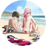  1boy 1girl albyee alternate_costume aqua_eyes arm_support ass back barefoot beach bikini bikini_bottom_only blue_eyes blue_necktie blue_sky blunt_bangs breasts brown_hair clenched_hand cloud cloudy_sky commentary couple crab darling_in_the_franxx day english_commentary feet full_body hairband hand_up highres hiro_(darling_in_the_franxx) horns knees_up leaning_back legs long_hair looking_at_another looking_back male_swimwear medium_breasts necktie necktie_removed ocean oni_horns open_mouth outdoors pink_hair red_bikini red_shirt shadow shirt shoes shoes_removed short_hair shorts sideboob signature sitting sky swim_trunks swimsuit toenails toes topless white_shorts zero_two_(darling_in_the_franxx) 