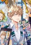  1girl 6+boys :d arm_up artist_name ashido_mina bakugou_katsuki black_sclera blazer blonde_hair blue_hair blurry blurry_foreground boku_no_hero_academia burn_scar cellphone character_request closed_mouth collarbone collared_shirt colored_sclera colored_skin commentary_request confetti dark_blue_hair dated day depth_of_field english_commentary frown glasses green_skirt grey_jacket hair_between_eyes hand_up happy_birthday highres iida_tenya indoors jacket kaminari_denki lapels long_sleeves looking_at_another male_focus midoriya_izuku mixed-language_commentary motion_blur multiple_boys necktie open_mouth parted_bangs phone phone_screen pink_hair pink_skin rectangular_eyewear red_eyes red_hair red_necktie salt_-_siomsb scar scar_on_face school_uniform shirt signature skirt smartphone smile spiked_hair teeth todoroki_shouto tongue u.a._school_uniform upper_body v-shaped_eyebrows white_shirt window wing_collar yellow_eyes 