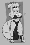  2022 absurd_res anthro big_breasts biped bottomwear breasts buxy clothed clothing digital_drawing_(artwork) digital_media_(artwork) female footwear fur hair hi_res high_heels loincloth looking_at_viewer mammal simple_background smile solo species_request standing tail thick_tail topwear 