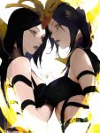  2girls bare_shoulders black_hair breasts from_side hand_up highres jian_tai_(cuoyu0) large_breasts league_of_legends leblanc_(league_of_legends) looking_at_viewer multiple_girls orange_eyes parted_lips teeth upper_body white_background yellow_background 
