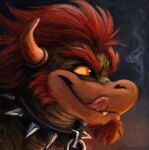  2019 anthro artist_name beard bowser collar countershade_face countershade_torso countershading english_text eyebrows facial_hair goatee green_body green_skin grin hair headshot_portrait horn kenket koopa licking licking_lips looking_aside mario_bros nintendo painting_(artwork) portrait red_beard red_eyebrows red_eyes red_hair scalie sideburns signature smile smoke spiked_collar spikes text thick_eyebrows tongue tongue_out traditional_media_(artwork) url white_body white_skin yellow_sclera 
