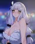  1girl acaa bare_shoulders blurry blurry_background blush breasts cleavage collarbone crying crying_with_eyes_open frown girls&#039;_frontline green_eyes hair_ornament hair_scrunchie hk416_(girls&#039;_frontline) hk416_(starry_cocoon)_(girls&#039;_frontline) large_breasts long_hair looking_at_viewer official_alternate_costume scrunchie solo tears upper_body 