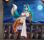  absurd_res akeno_(itsnafulol) alternate_species anthro balcony big_breasts blue_hair breasts brown_body brown_fur choker clothing desert domestic_cat dress egyptian egyptian_clothing felid feline felis female fur furrification gold_(metal) gold_jewelry hair hi_res jewelry legwear long_hair mammal moon necklace night purple_eyes ragdoll_cat sitting smile solo sunstripe tail thick_thighs thigh_highs white_clothing white_dress 