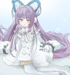  1girl ahoge azur_lane blue_eyes blush boots breath bright_pupils capelet coat cold commentary_request fur-trimmed_capelet fur-trimmed_coat fur-trimmed_sleeves fur_trim long_hair looking_at_viewer open_mouth pom_pom_(clothes) purple_hair sidelocks sitting sleeves_past_fingers sleeves_past_wrists snow snowflakes snowing solo tashkent_(azur_lane) thigh_boots tififox very_long_hair very_long_sleeves white_capelet white_coat white_footwear white_pupils 