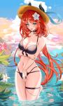  1girl absurdres bare_shoulders beach bikini blush breasts cleavage collarbone commentary_request dokimaru fake_horns genshin_impact highres horns large_breasts long_hair looking_at_viewer navel nilou_(genshin_impact) open_mouth red_hair smile solo swimsuit thighs 