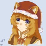  1girl alternate_eye_color animal_ear_fluff animal_ears artist_name blue_background blush brown_hair christmas closed_mouth eyelashes hat high_collar light_blue_background light_smile long_hair looking_at_viewer neck_ribbon peekayan portrait purple_eyes raccoon_ears raccoon_girl raphtalia red_headwear red_ribbon ribbon santa_hat sidelocks signature simple_background solo tate_no_yuusha_no_nariagari 