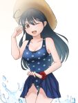  1girl ahoge bare_arms bare_legs bare_shoulders black_hair blue_one-piece_swimsuit bobokuboboku breasts brown_eyes collarbone cowboy_shot hair_between_eyes hat highres kantai_collection large_breasts long_hair looking_at_viewer one-piece_swimsuit one_eye_closed open_mouth polka_dot polka_dot_swimsuit simple_background smile solo straw_hat swimsuit ushio_(kancolle) white_background 