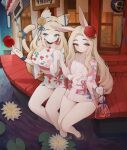  2girls animal_ear_fluff animal_ears bell blonde_hair blue_eyes blue_ribbon blush breasts candy_apple cat_ears cat_girl cat_tail closed_mouth fish floral_print flower food goldfish gradient_hair hair_bell hair_flower hair_ornament highres japanese_clothes kimono korean_text lily_pad long_hair looking_at_viewer mole mole_under_eye multicolored_hair multiple_girls obi original outdoors rabbit_(wlsdnjs950) rabbit_ears rabbit_girl red_eyes red_flower ribbon sash sitting soaking_feet tail tail_ornament tail_ribbon very_long_hair water wide_sleeves yukata 