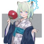  1girl absurdres animal_ears blue_archive blue_eyes commentary_request gradient_eyes grey_kimono halo hand_fan highres holding holding_fan japanese_clothes kimono light_green_hair looking_at_viewer low_twintails multicolored_eyes obi official_alternate_costume open_mouth paper_fan purple_eyes saekiya_sabou sash shigure_(blue_archive) shigure_(hot_spring)_(blue_archive) short_hair smile solo twintails twitter_username upper_body weasel_ears yagasuri 