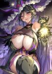  1girl absurdres animal_ears bare_shoulders black_gloves black_thighhighs blush breasts closed_mouth elbow_gloves fake_animal_ears full_moon gloves hair_between_eyes highres holding holding_lantern huge_breasts lantern large_hat looking_at_viewer mole mole_on_breast mole_under_mouth moon original outdoors purple_eyes purple_headwear rabbit_ears see-through senri_gan smile solo sweat thick_thighs thighhighs thighs 