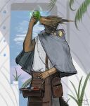  anthro apron bag blue_gem bracelet brown_body brown_scales cape clothing cloud dated digital_media_(artwork) dragon fantasy gem green_gem grey_cape hammer holding_gem holding_hammer holding_object holding_tool horn jeweler jewelry light looking_up male plant pouch_(clothing) red_gem scales shirt signature sky solo standing sunlight themefinland tools topwear wall_(structure) white_clothing white_shirt white_topwear yellow_eyes 