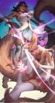  2girls :d ahri_(league_of_legends) animal_ears bare_shoulders blonde_hair choker dark-skinned_female dark_skin detached_sleeves dress fox_ears fox_tail from_below highres ladyofmorh league_of_legends long_hair miniskirt multiple_girls nilah_(league_of_legends) pleated_skirt red_skirt sitting skirt sky smile star_(sky) star_guardian_(league_of_legends) star_guardian_ahri star_guardian_nilah starry_sky tail thighhighs twintails white_dress white_sleeves white_thighhighs 