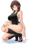  1girl :3 amagami arm_at_side artist_name black_one-piece_swimsuit black_socks blue_one-piece_swimsuit blush breasts brown_eyes brown_hair closed_mouth commentary commission competition_swimsuit dated feet full_body hair_over_shoulder hand_on_own_leg heel_up highleg highres kneehighs large_breasts legs light_smile long_hair looking_at_viewer messy_hair no_shoes nose_blush one-piece_swimsuit pixiv_commission sakurai_rihoko shadow sidelocks signature simple_background smile socks solo squatting swimsuit tiptoes toes two-tone_swimsuit white_background yoo_tenchi 