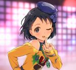  1girl animal_print bare_shoulders black_hair blue_ribbon blue_tank_top blurry blurry_background blush bow braid brown_eyes chain_necklace collar dot_nose hair_bow hat idolmaster idolmaster_cinderella_girls idolmaster_cinderella_girls_starlight_stage idolmaster_cinderella_girls_u149 index_finger_raised jacket jewelry long_sleeves looking_at_viewer necklace one_eye_closed open_mouth rabbit rabbit_print ribbon sasaki_chie short_hair single_braid smile solo spiked_collar spikes stage stage_lights tank_top teiryoku_lolita yellow_jacket 