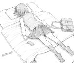  1girl artist_name bag bag_charm cellphone charm_(object) face_down fairy.exe futon greyscale hair_ribbon kimi_no_na_wa. kneehighs long_sleeves lying miyamizu_mitsuha monochrome no_shoes on_stomach phone pillow pleated_skirt puffy_sleeves ribbon school_bag school_uniform short_hair simple_background skirt smartphone smartphone_case socks solo sweater_vest white_background 