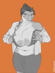  5_fingers anthro bedroom_eyes big_breasts bottomwear bra breast_squish breasts cetacean clothed clothing dolphin exposed_breasts eyelashes eyewear female fingers glasses greyscale hair hair_bun hand_on_breast hi_res holding_breast hotpants huge_breasts humanoid_hands kass_(neracoda) looking_at_viewer mammal marine monochrome narrowed_eyes navel neracoda nipples oceanic_dolphin open_clothing open_shirt open_topwear orange_background orca pressing_breasts_together seductive shirt shorts simple_background smile solo squish standing toothed_whale topwear underwear 